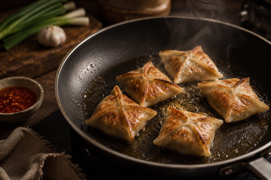 TAFI momos pan seared in a skillet