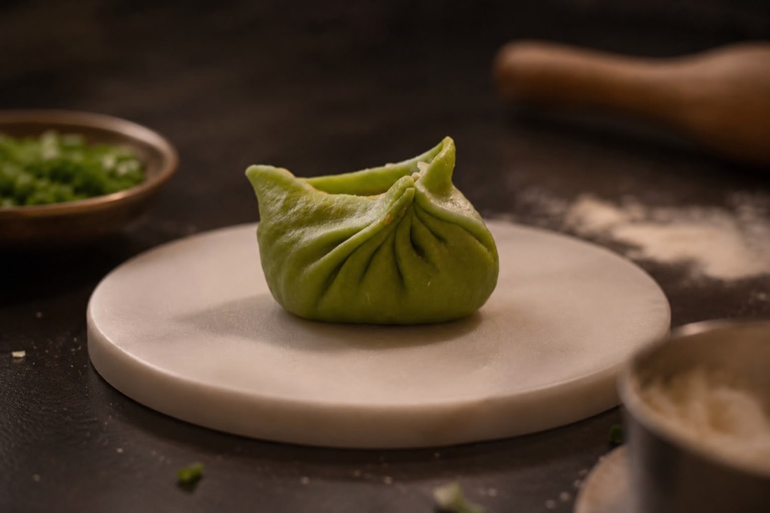 Hand-folded green TAFI momo