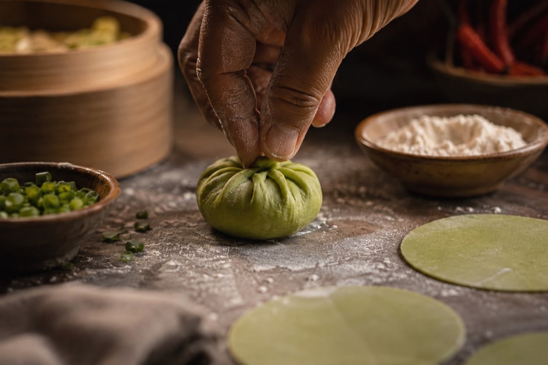 A green TAFI momo being folded
